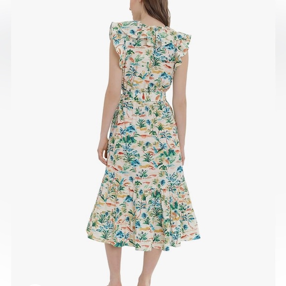 Donna Morgan Watercolor Print Ruffle Neck Tiered Dress w Pockets & Ruffle Hem - Picture 7 of 16